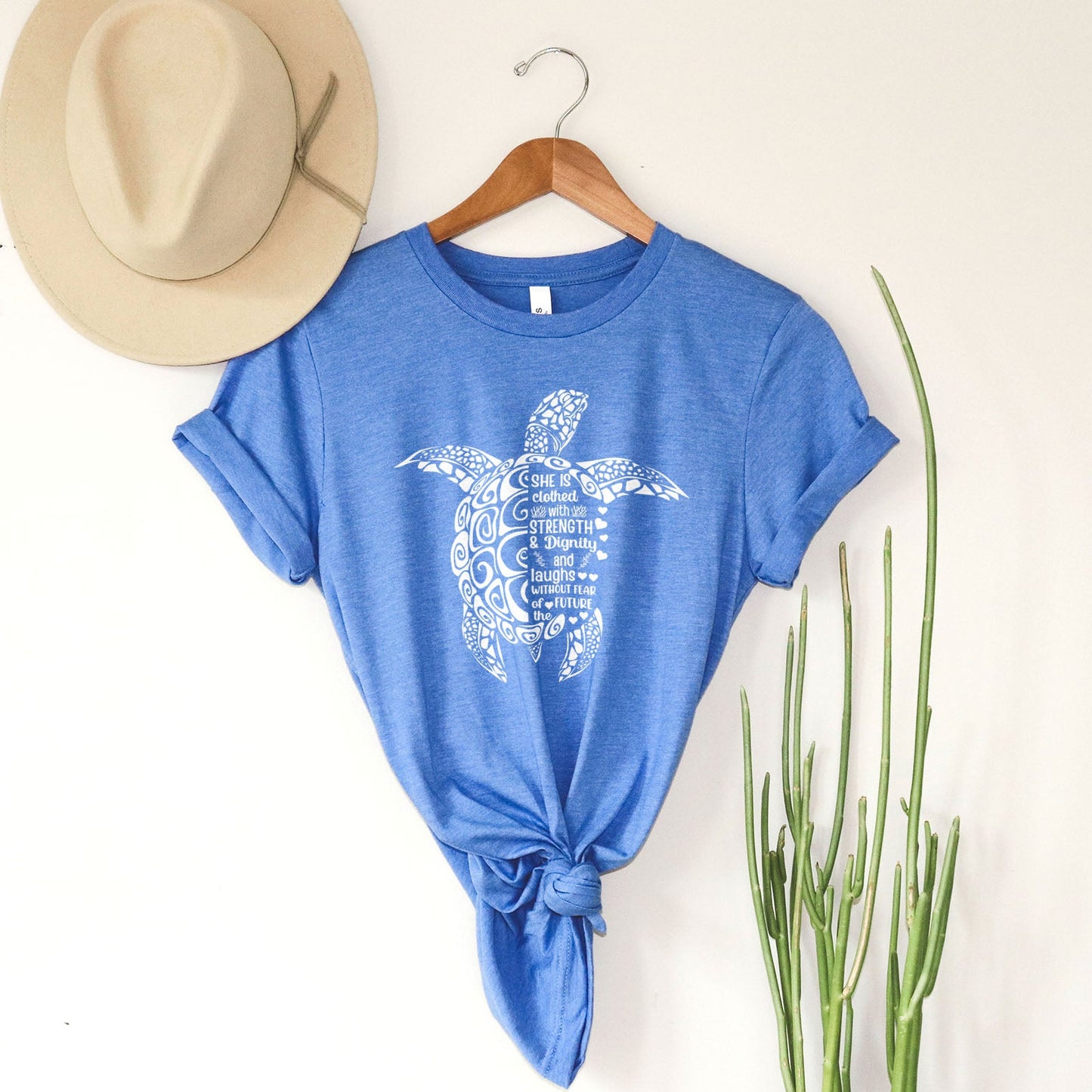 She is Clothed in Strength And Dignity Sea Turtle White Tee Shirts For Women - Christian Shirts for Women - Religious Tee Shirts