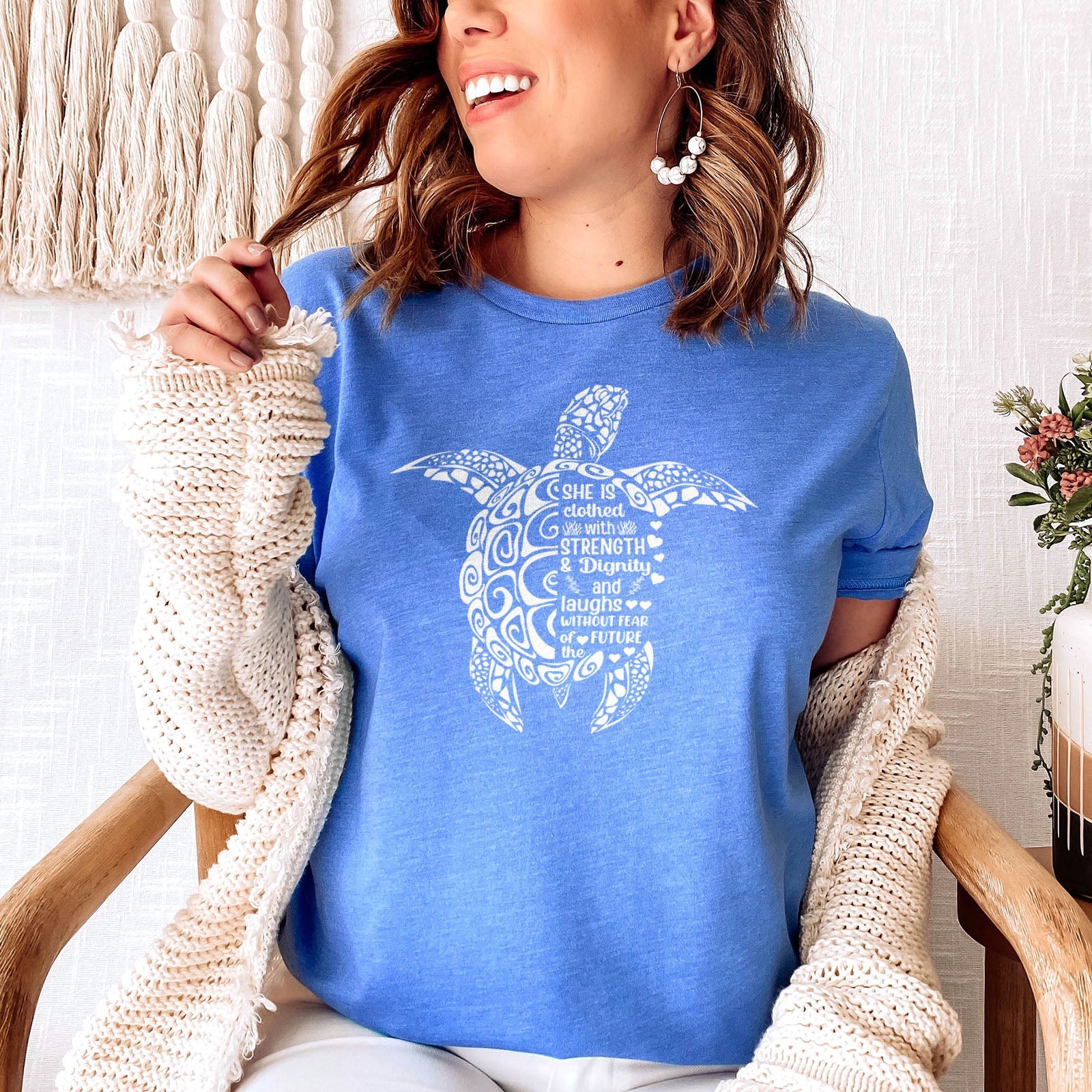 She is Clothed in Strength And Dignity Sea Turtle White Tee Shirts For Women - Christian Shirts for Women - Religious Tee Shirts