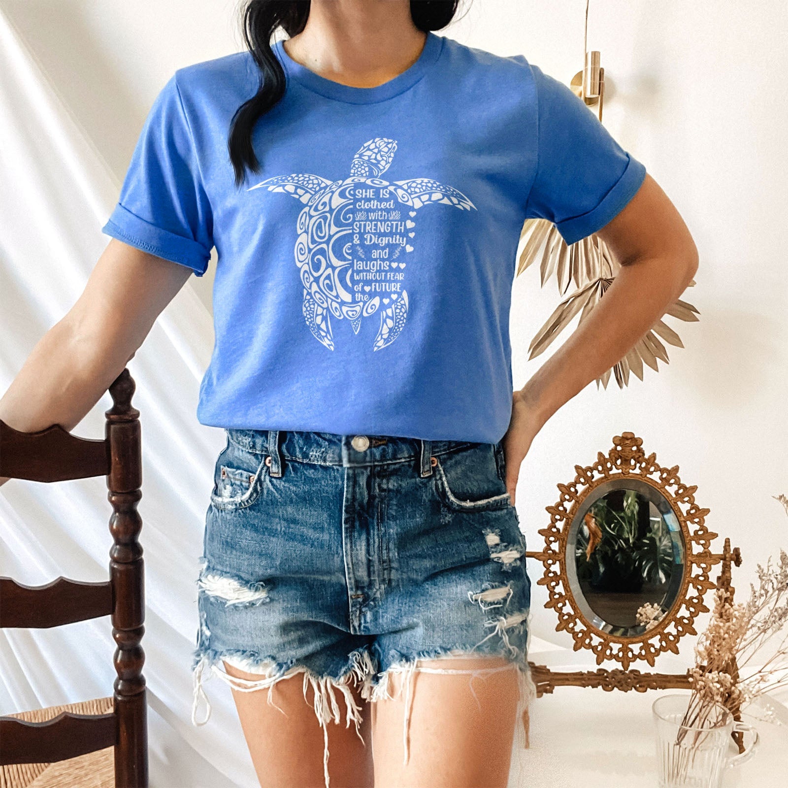 She is Clothed in Strength And Dignity Sea Turtle White Tee Shirts For Women - Christian Shirts for Women - Religious Tee Shirts