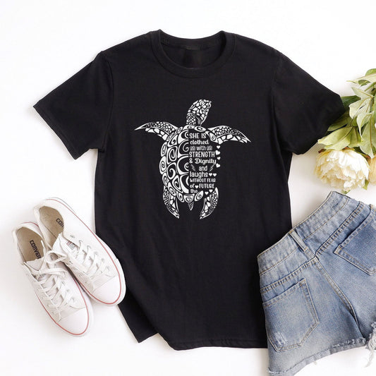 She is Clothed in Strength And Dignity Sea Turtle White Tee Shirts For Women - Christian Shirts for Women - Religious Tee Shirts