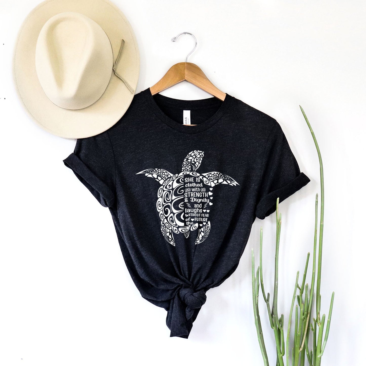 She is Clothed in Strength And Dignity Sea Turtle White Tee Shirts For Women - Christian Shirts for Women - Religious Tee Shirts