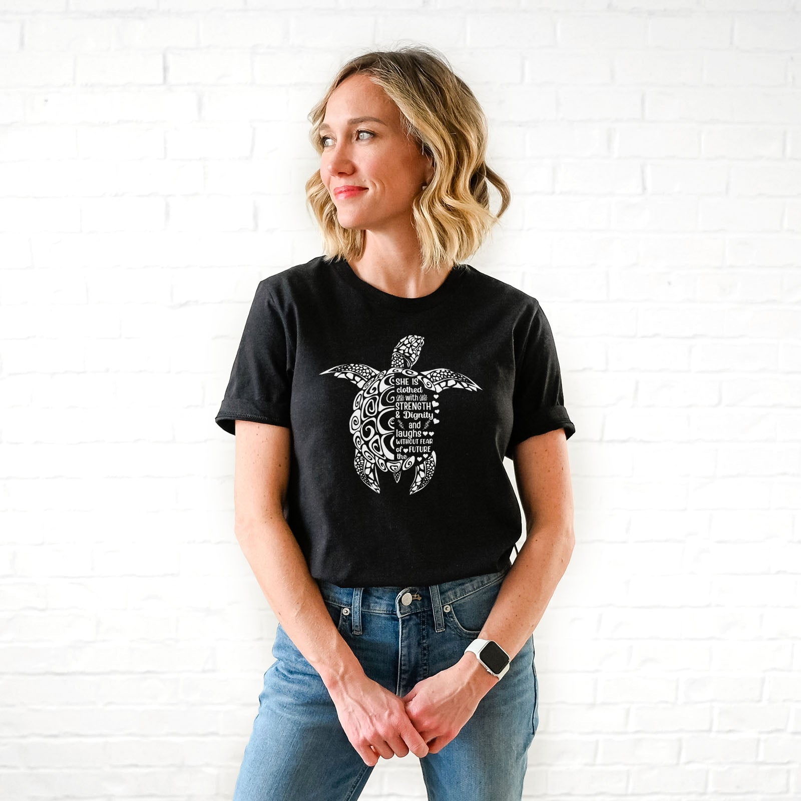 She is Clothed in Strength And Dignity Sea Turtle White Tee Shirts For Women - Christian Shirts for Women - Religious Tee Shirts