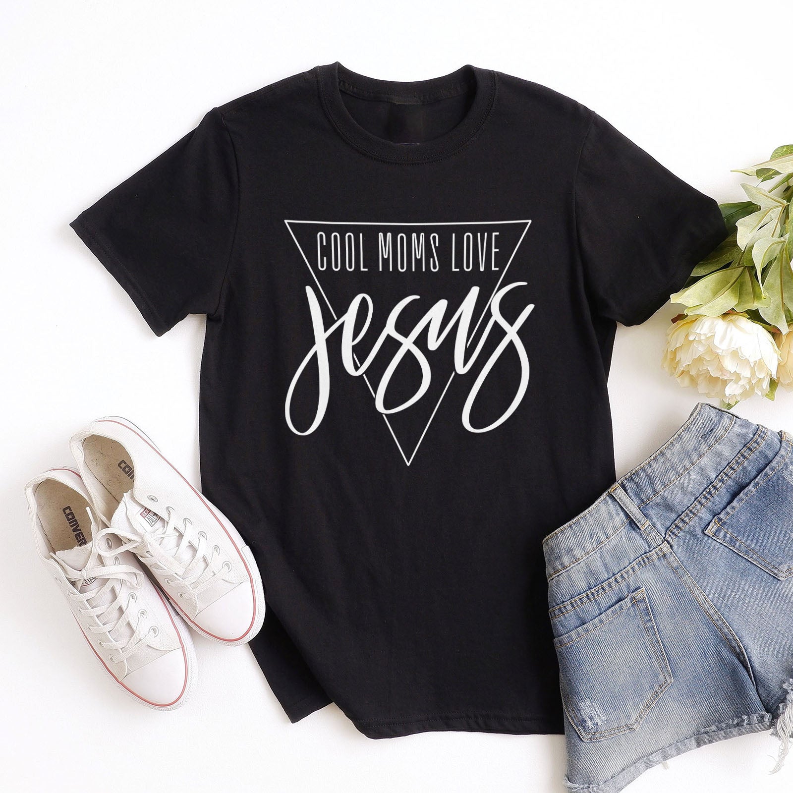 Cool Moms Love Jesus Triangle Tee Shirts For Women - Christian Shirts for Women - Religious Tee Shirts