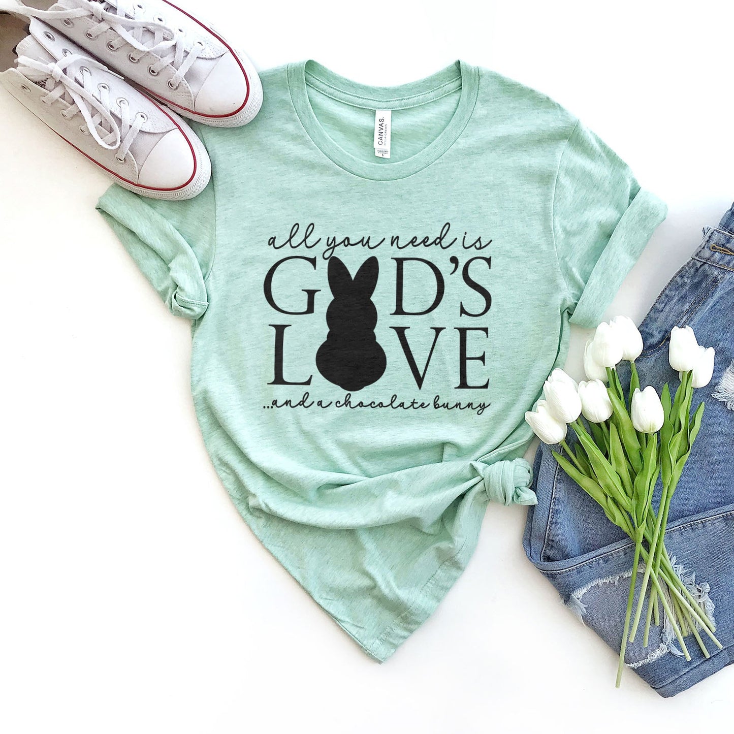God's Love & Chocolate Bunny Tee Shirts For Women - Christian Easter T Shirts