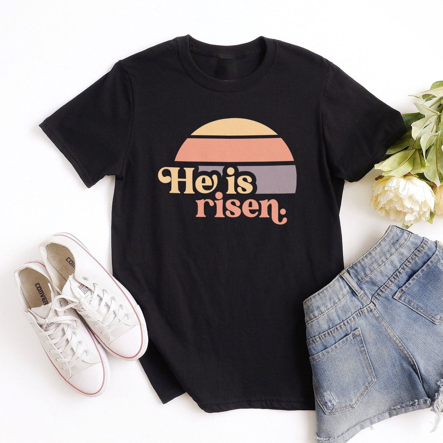 He is Risen Retro Sunset Tee Shirts For Women - Christian Easter T Shirts