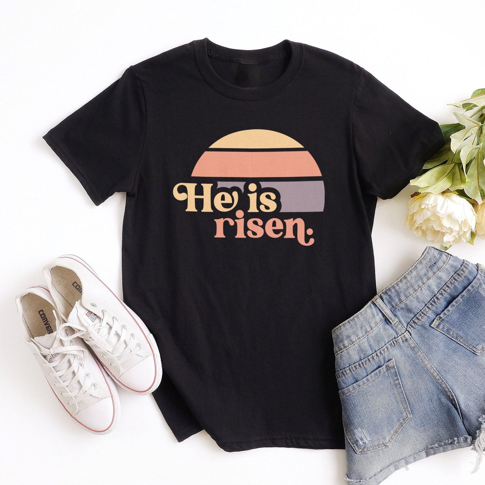 He is Risen Retro Sunset Tee Shirts For Women - Christian Easter T Shirts