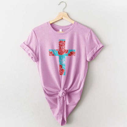 Floral Cross Bright Tee Shirts For Women - Christian Shirts for Women - Religious Tee Shirts