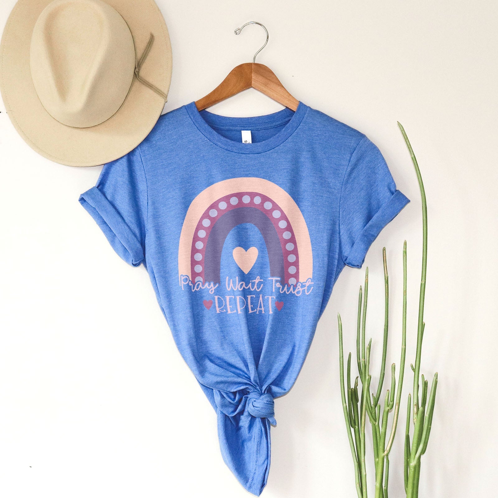 Pray Wait Trust Repeat Rainbow Tee Shirts For Women - Christian Shirts for Women - Religious Tee Shirts