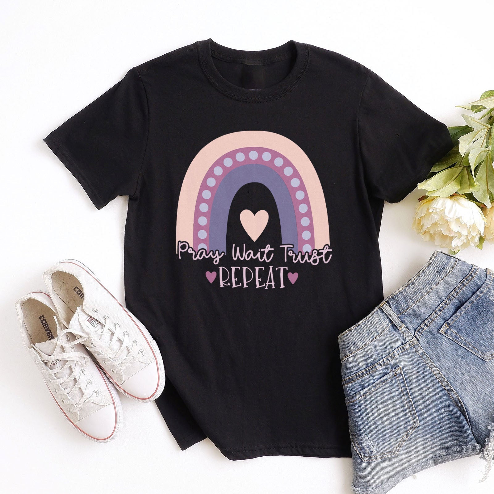 Pray Wait Trust Repeat Rainbow Tee Shirts For Women - Christian Shirts for Women - Religious Tee Shirts