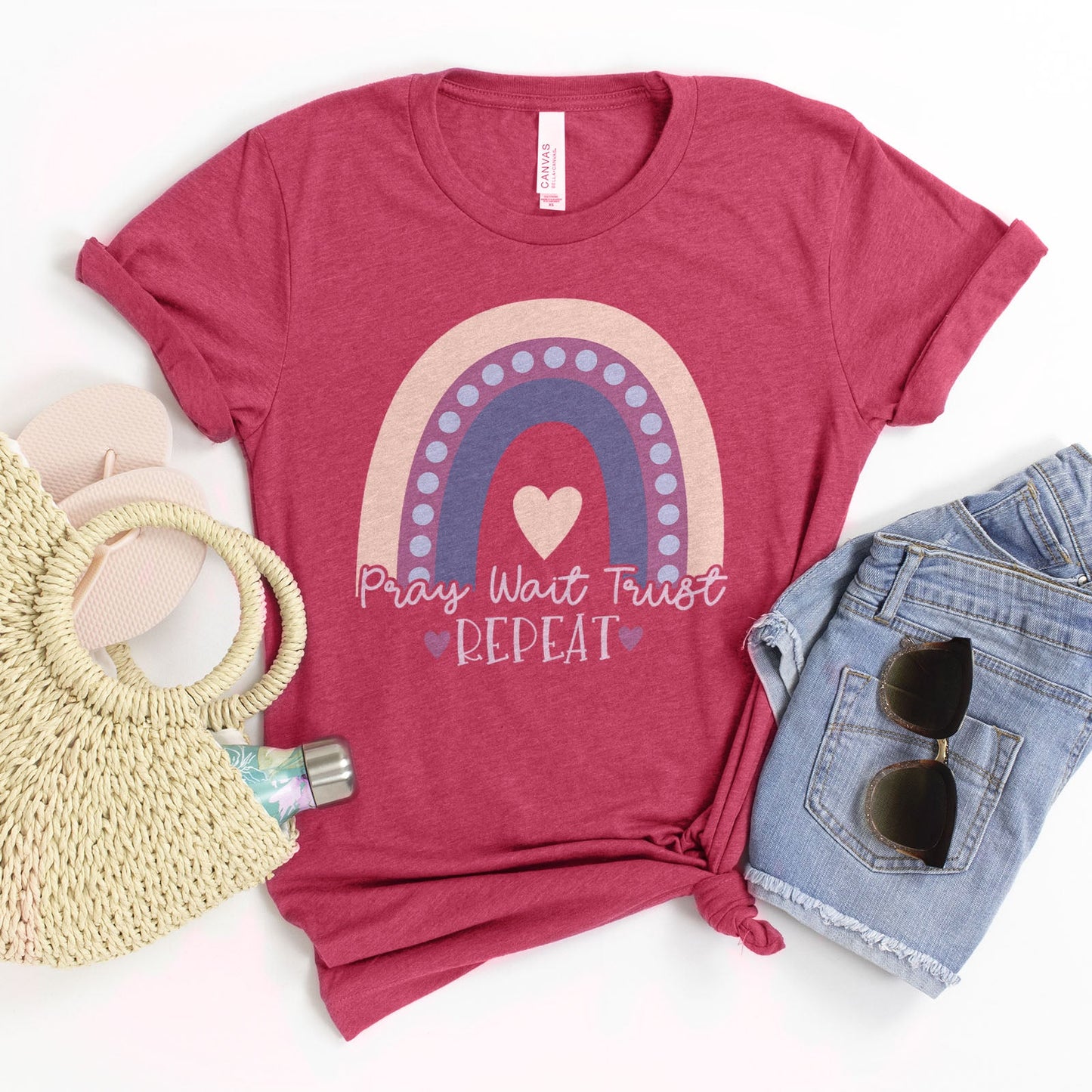 Pray Wait Trust Repeat Rainbow Tee Shirts For Women - Christian Shirts for Women - Religious Tee Shirts