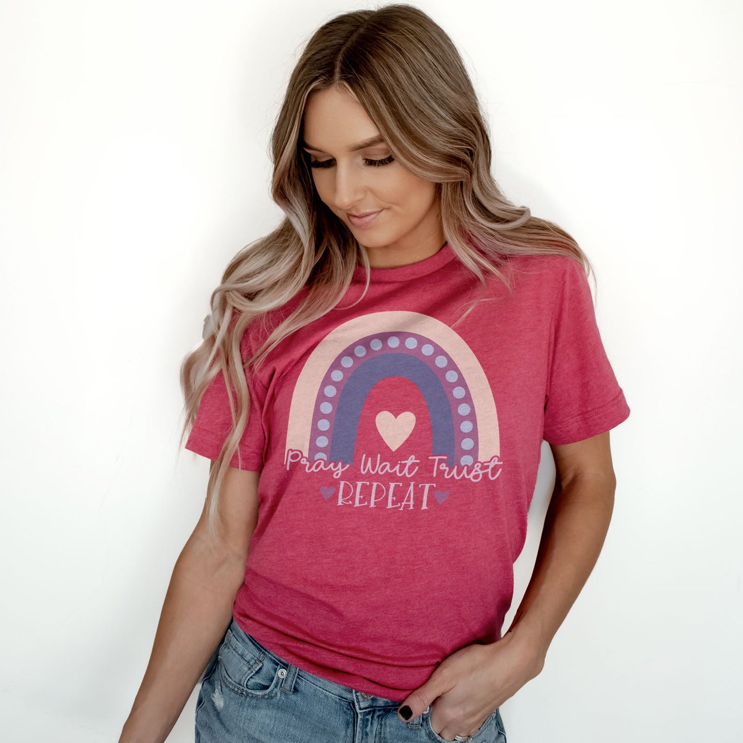Pray Wait Trust Repeat Rainbow Tee Shirts For Women - Christian Shirts for Women - Religious Tee Shirts
