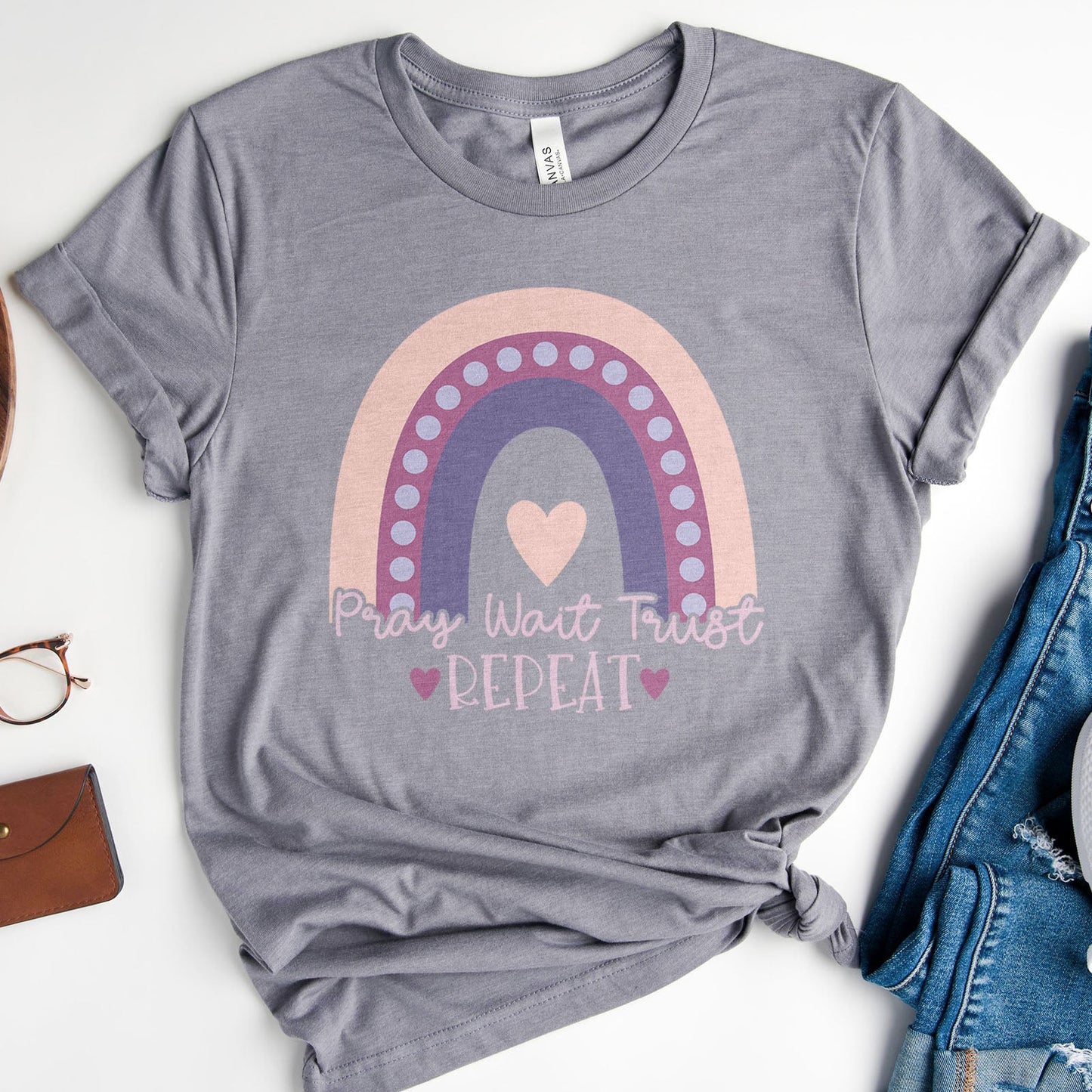 Pray Wait Trust Repeat Rainbow Tee Shirts For Women - Christian Shirts for Women - Religious Tee Shirts