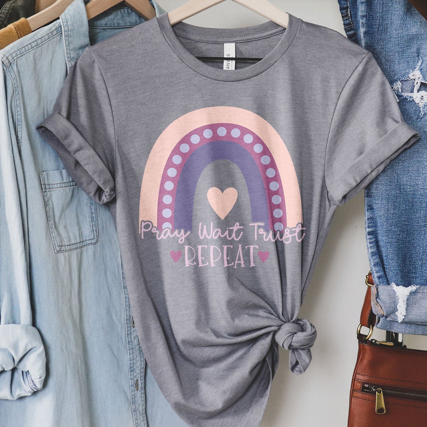 Pray Wait Trust Repeat Rainbow Tee Shirts For Women - Christian Shirts for Women - Religious Tee Shirts