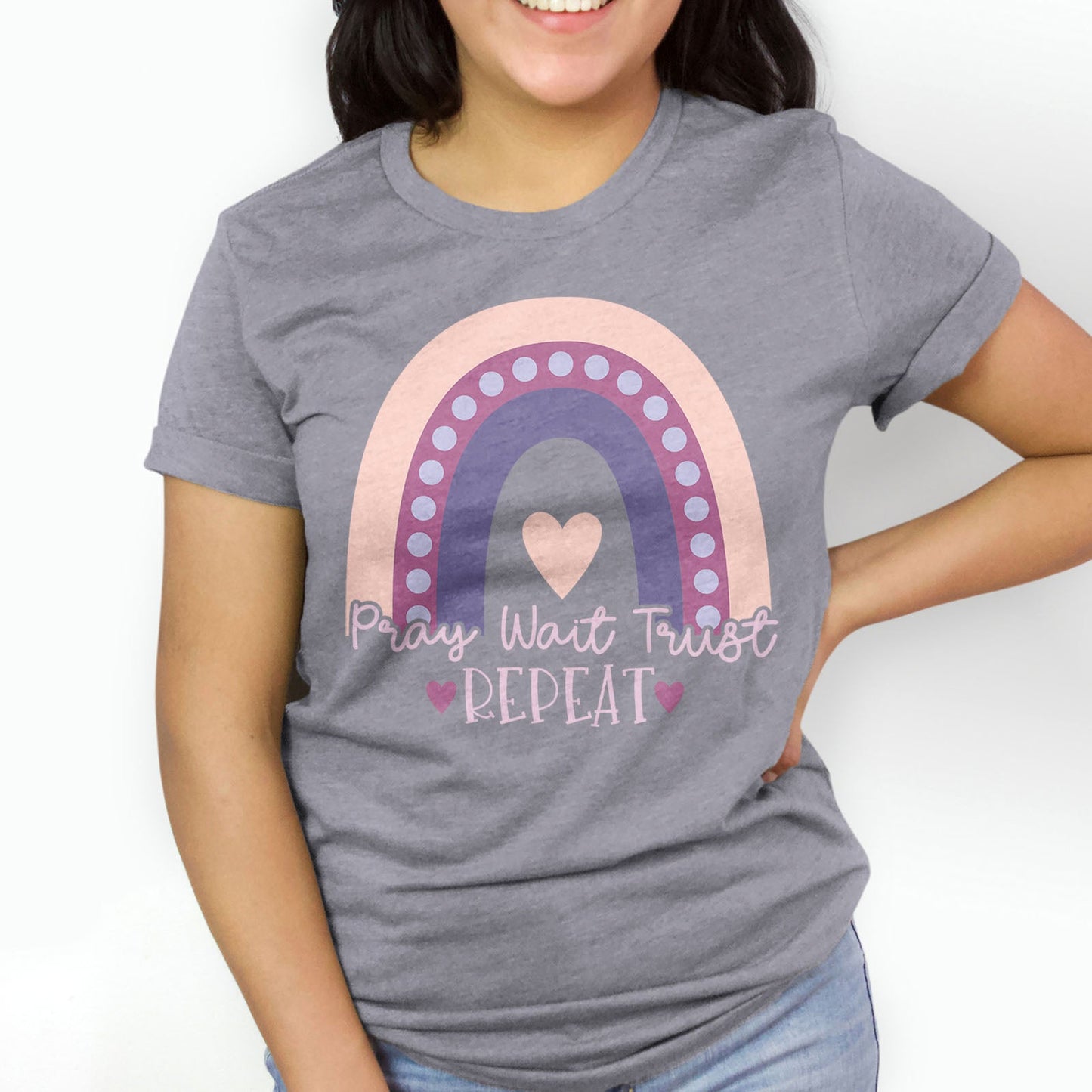 Pray Wait Trust Repeat Rainbow Tee Shirts For Women - Christian Shirts for Women - Religious Tee Shirts