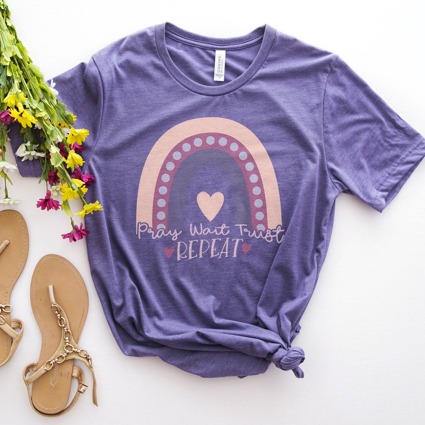 Pray Wait Trust Repeat Rainbow Tee Shirts For Women - Christian Shirts for Women - Religious Tee Shirts