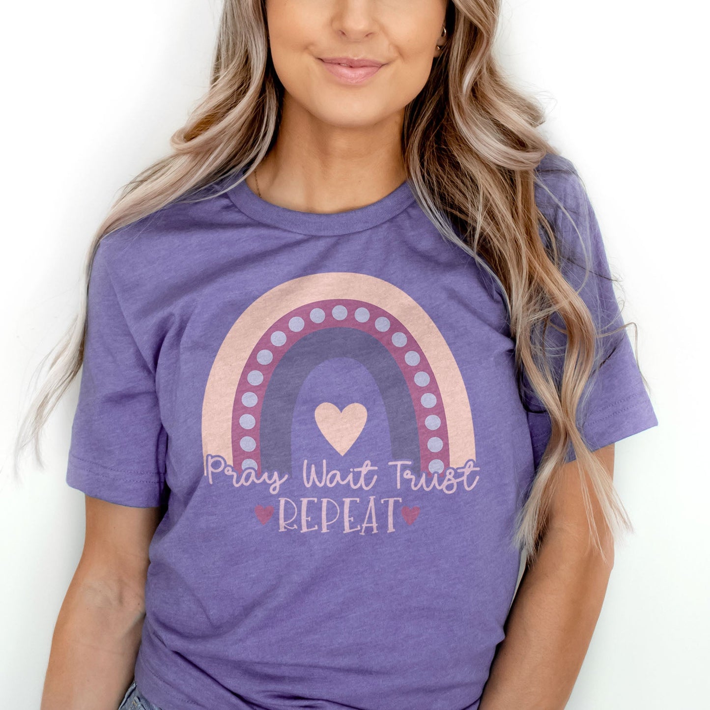 Pray Wait Trust Repeat Rainbow Tee Shirts For Women - Christian Shirts for Women - Religious Tee Shirts