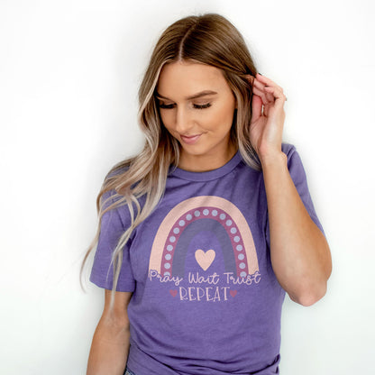 Pray Wait Trust Repeat Rainbow Tee Shirts For Women - Christian Shirts for Women - Religious Tee Shirts