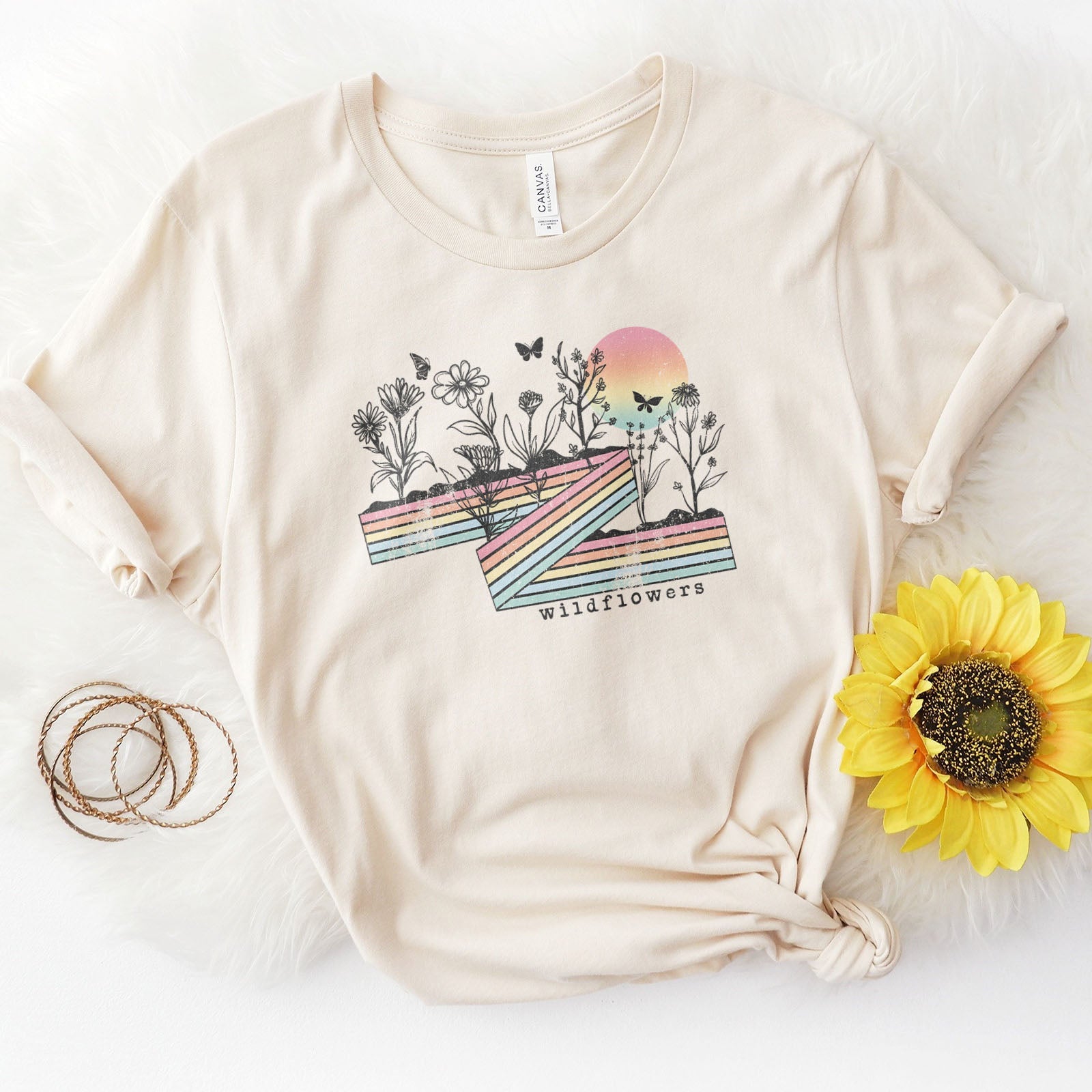 Retro Stripe Wildflowers Tee Shirts For Women - Christian Shirts for Women - Religious Tee Shirts