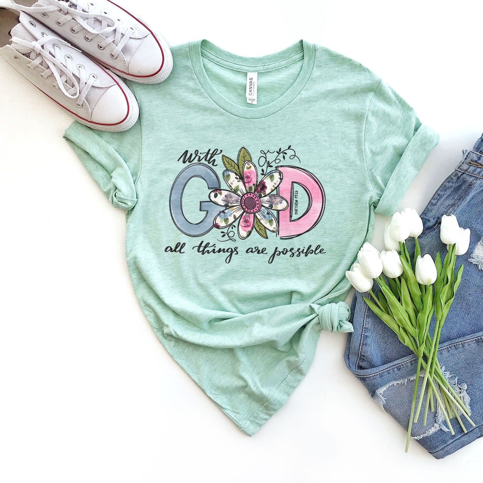 With God All Things Are Possible Daisy Tee Shirts For Women - Christian Shirts for Women - Religious Tee Shirts