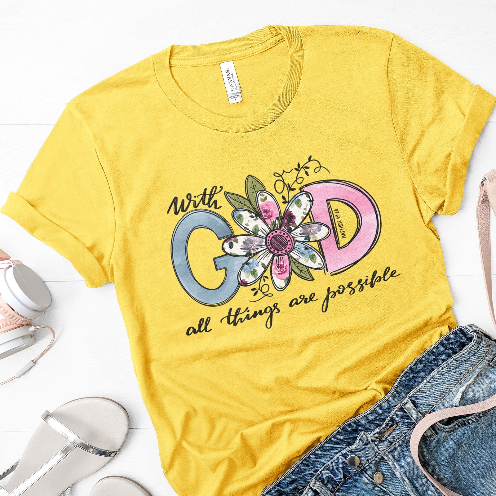 With God All Things Are Possible Daisy Tee Shirts For Women - Christian Shirts for Women - Religious Tee Shirts