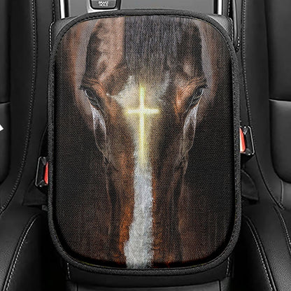 Face Of Horse Beautiful Cross Seat Box Cover, Bible Verse Car Center Console Cover, Christian Inspirational Car Interior Accessories