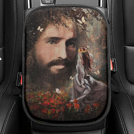 Face Of Jesus Pretty Girl Red Flower Garden Seat Box Cover, Christian Car Center Console Cover, Bible Verse Car Interior Accessories