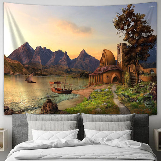 Fairy Tale Landscape House to the Mountain Tapestry - Tapestry Wall Decor - Home Decor Living Room