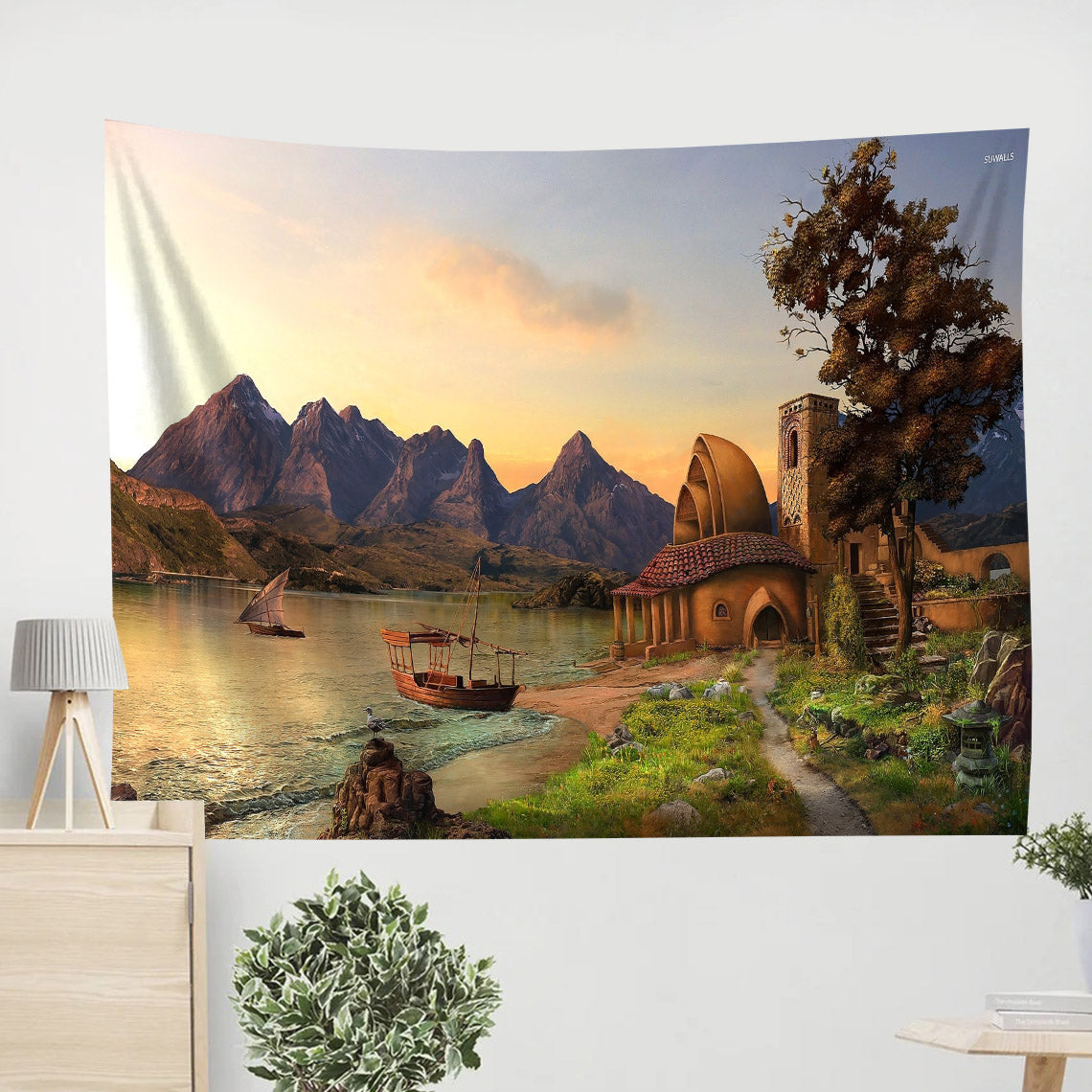 Fairy Tale Landscape House to the Mountain Tapestry - Tapestry Wall Decor - Home Decor Living Room