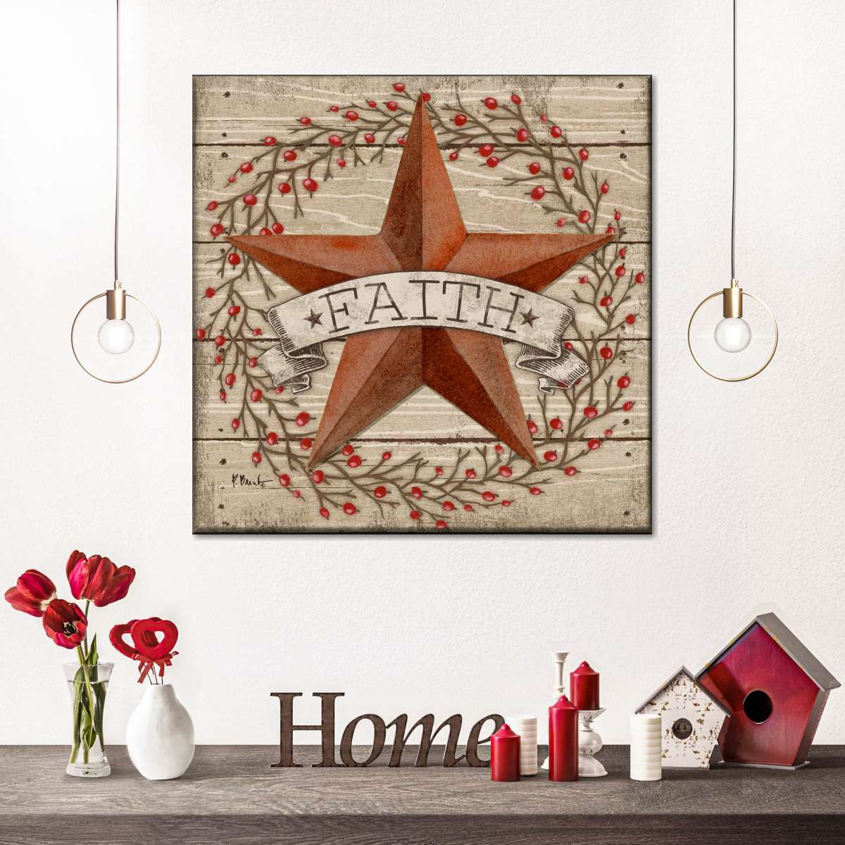 Faith Barn Star With Berries Square Canvas Wall Art - Bible Verse Wall Art Canvas - Religious Wall Hanging