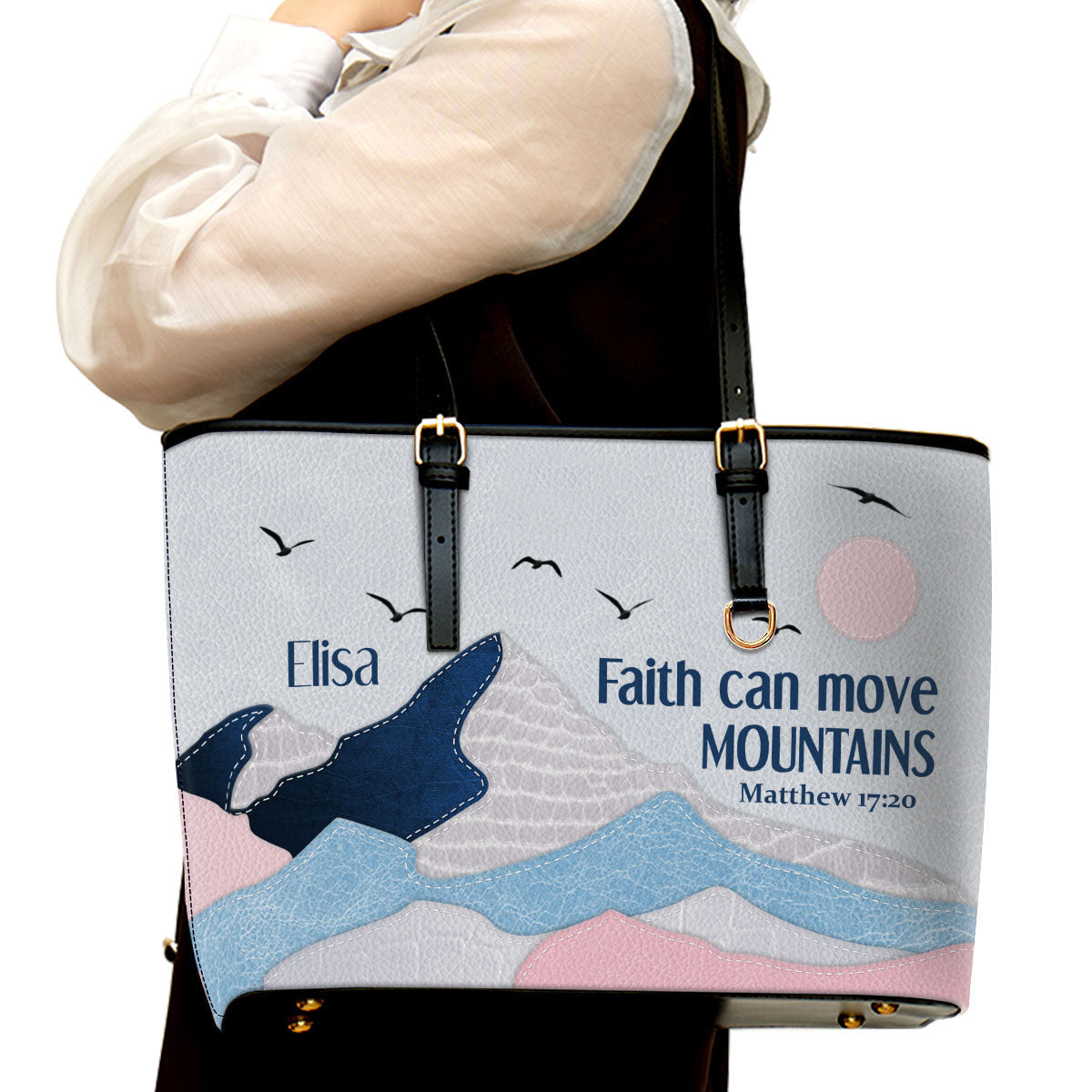 Faith Can Move Mountains Personalized Large Leather Tote Bag - Christian Gifts For Women