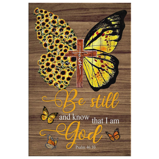 Faith Cross Sunflower Butterfly Be Still Psalm 4610 Canvas Wall Art - Christian Canvas Prints - Bible Verse Canvas