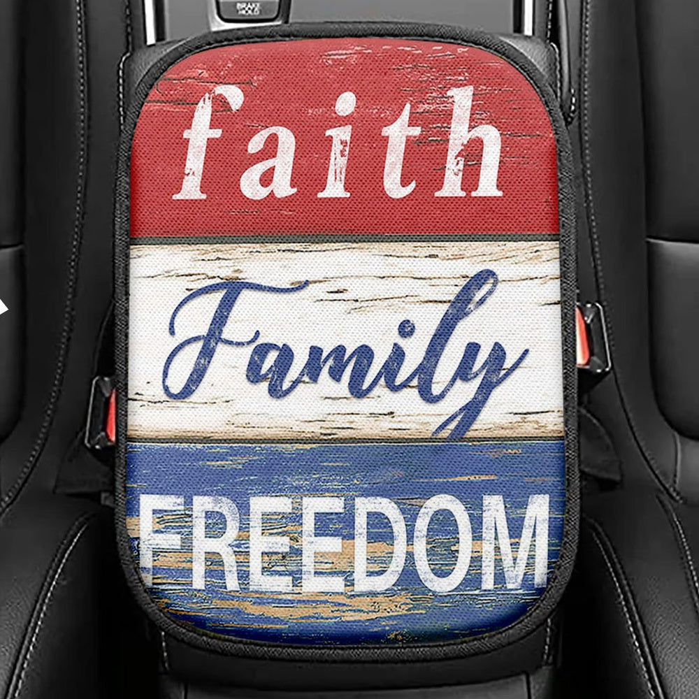 Faith Family Freedom Patriotic Seat Box Cover, Christian Car Center Console Cover