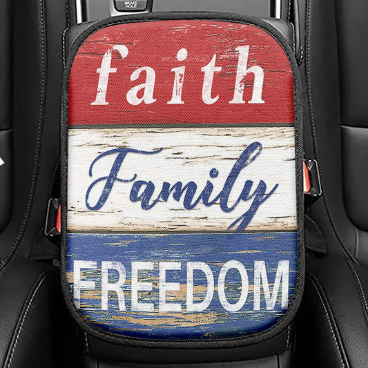 Faith Family Freedom Patriotic Seat Box Cover, Christian Car Center Console Cover