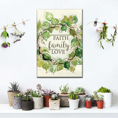 Faith Family Love Leaf Wreath Canvas Wall Art - Christian Wall Decor Art - Religious Wall Decor