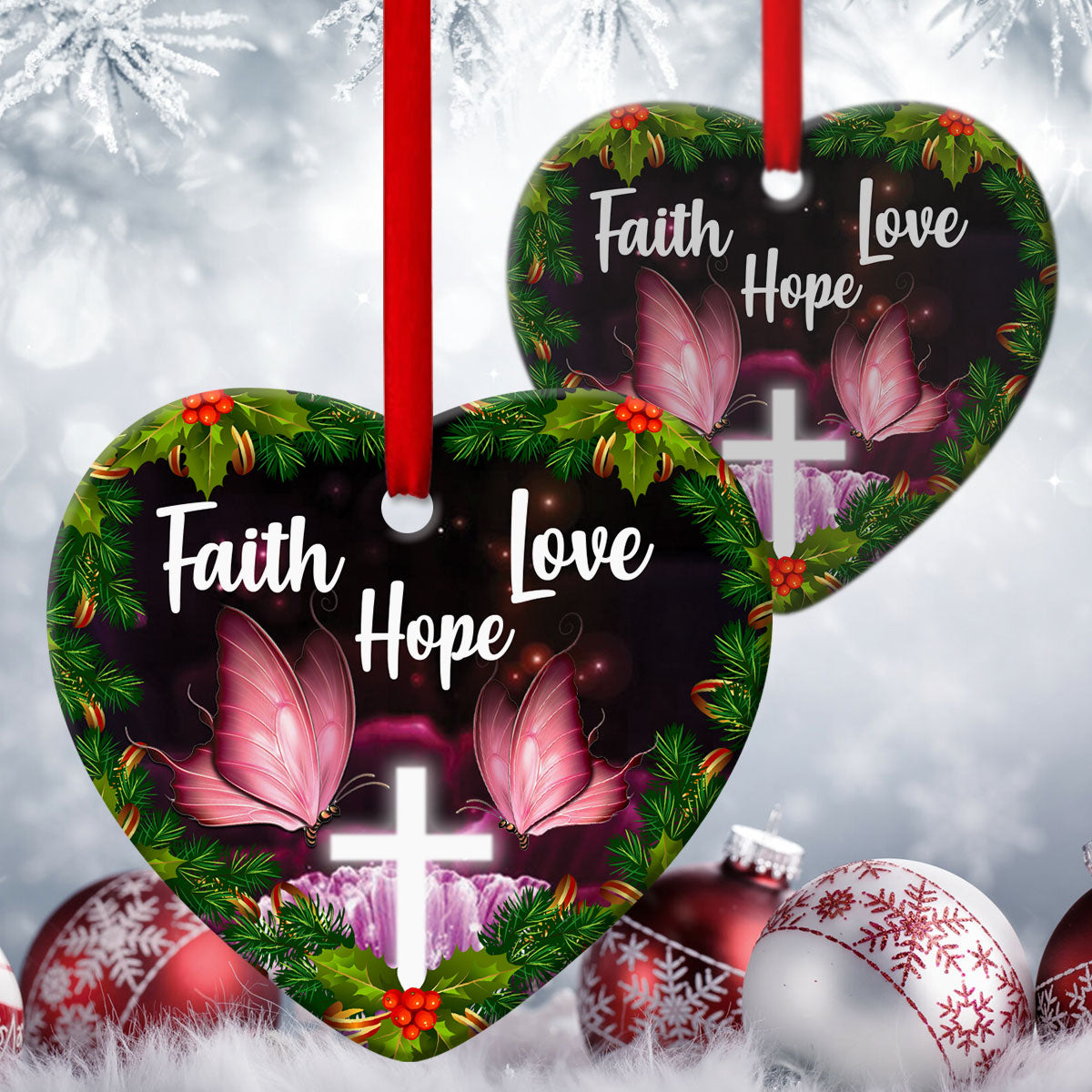 Faith, Hope And Love - Mistletoe Ceramic Heart Ornament - Christmas Decor - Funny Ornament