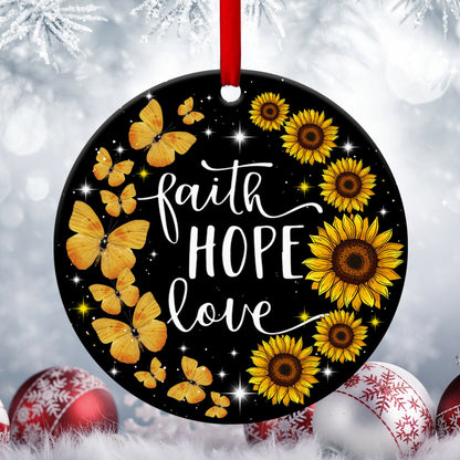 Faith, Hope And Love - Sunflower Ceramic Circle Ornament - Christmas Decor - Funny Ornament