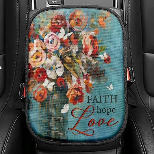 Faith Hope Love Butterfly Rose Christian Seat Box Cover, Bible Verse Car Center Console Cover, Scripture Car Interior Accessories