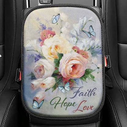Faith Hope Love Butterfly Roses Christian Seat Box Cover, Bible Verse Car Center Console Cover, Scripture Car Interior Accessories