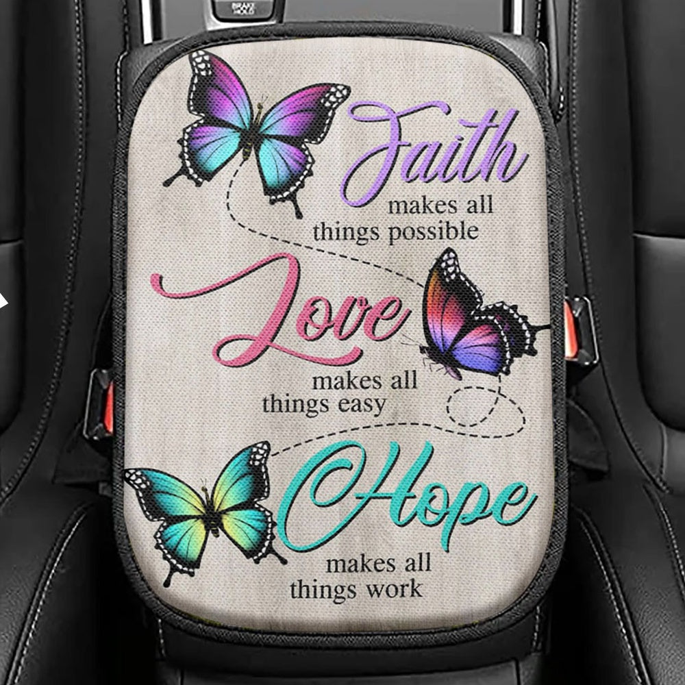Faith Hope Love Faith Makes All Things Possible Seat Box Cover, Bible Verse Car Center Console Cover, Scripture Car Interior Accessories