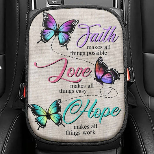 Faith Hope Love Faith Makes All Things Possible Seat Box Cover, Bible Verse Car Center Console Cover, Scripture Interior Car Accessories