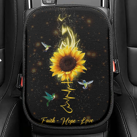 Faith Hope Love Hummingbird Sunflower Seat Box Cover, Bible Verse Car Center Console Cover, Scripture Car Interior Accessories