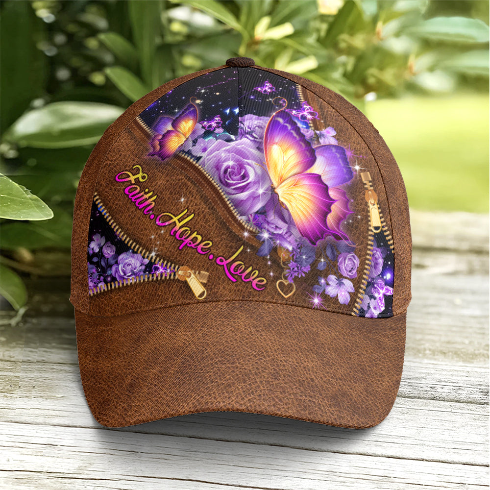 Faith Hope Love Magical Butterfly Purple Roses Leather Style Baseball Cap