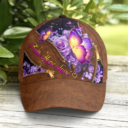 Faith Hope Love Magical Butterfly Purple Roses Leather Style Baseball Cap
