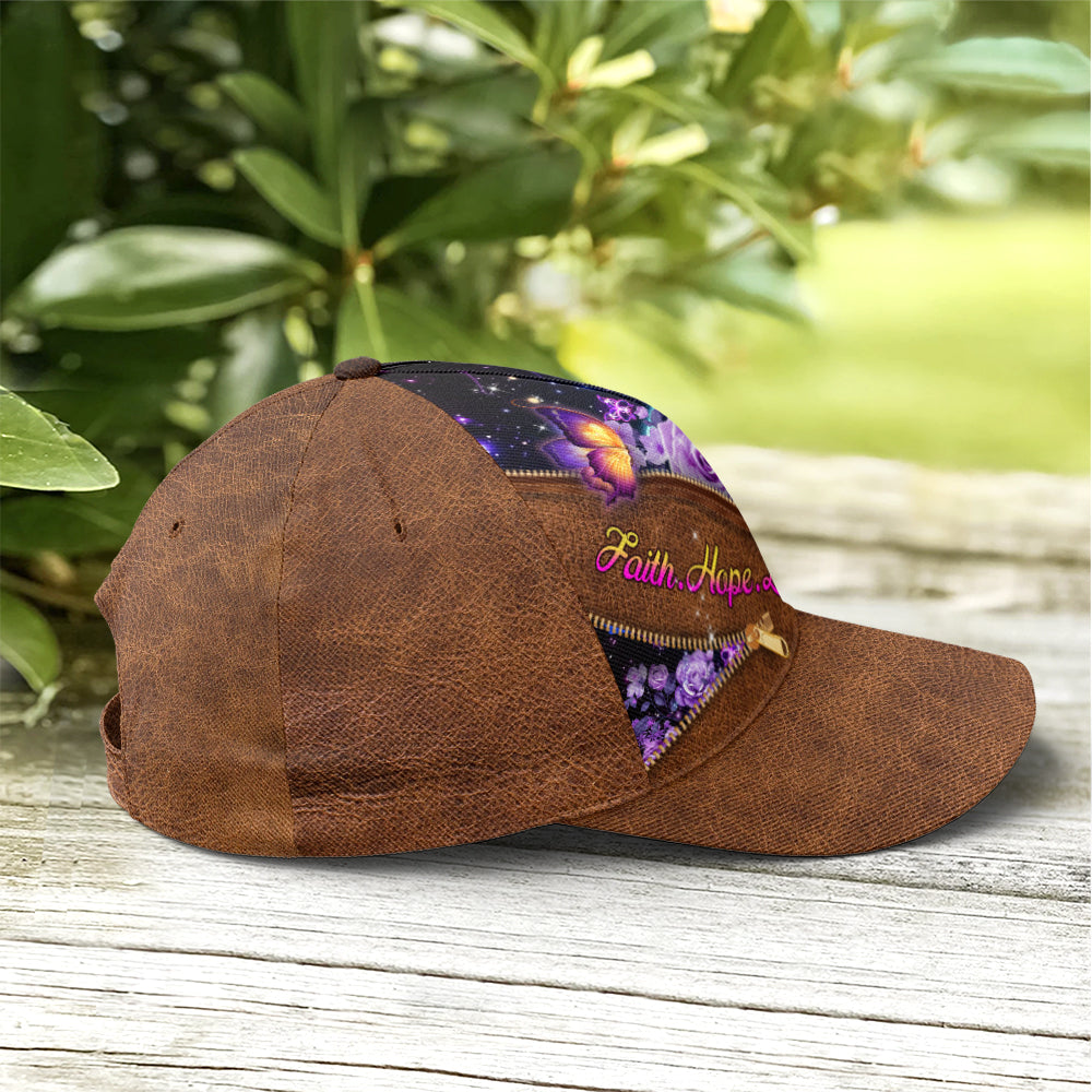 Faith Hope Love Magical Butterfly Purple Roses Leather Style Baseball Cap
