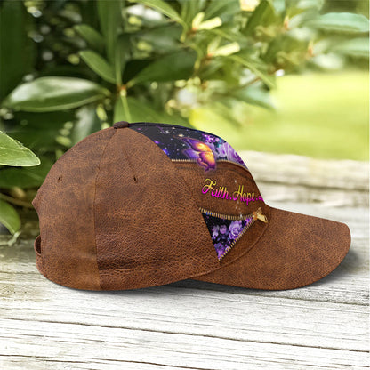 Faith Hope Love Magical Butterfly Purple Roses Leather Style Baseball Cap