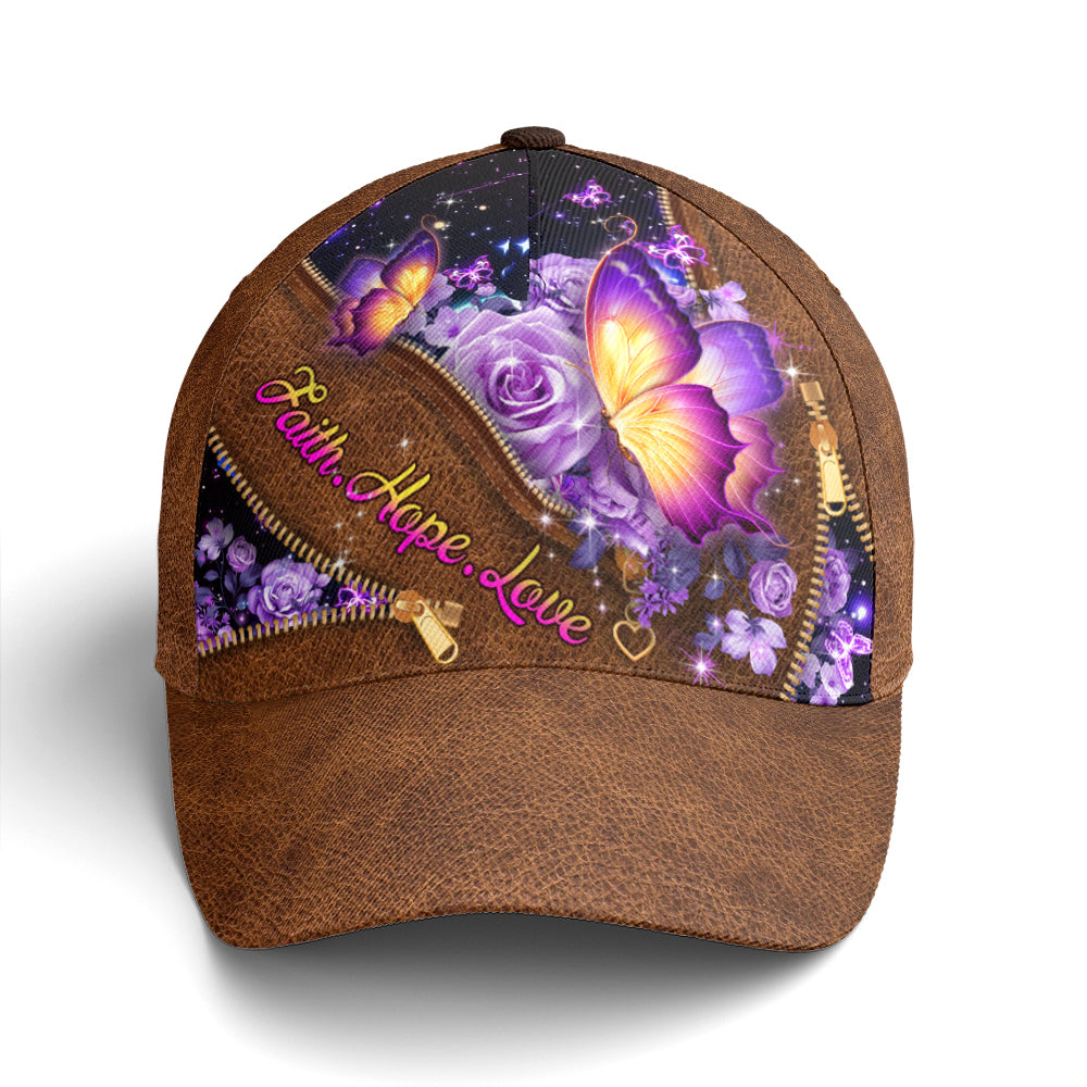 Faith Hope Love Magical Butterfly Purple Roses Leather Style Baseball Cap