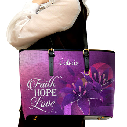 Faith Hope Love Personalized Large Leather Tote Bag - Christian Gifts For Women