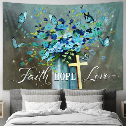Faith Hope Love Wall Art Tapestry Butterfly Christian Decor - Christian Tapestry - Christian Wall Tapestry