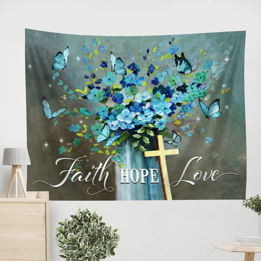 Faith Hope Love Wall Art Tapestry Butterfly Christian Decor - Christian Tapestry - Christian Wall Tapestry