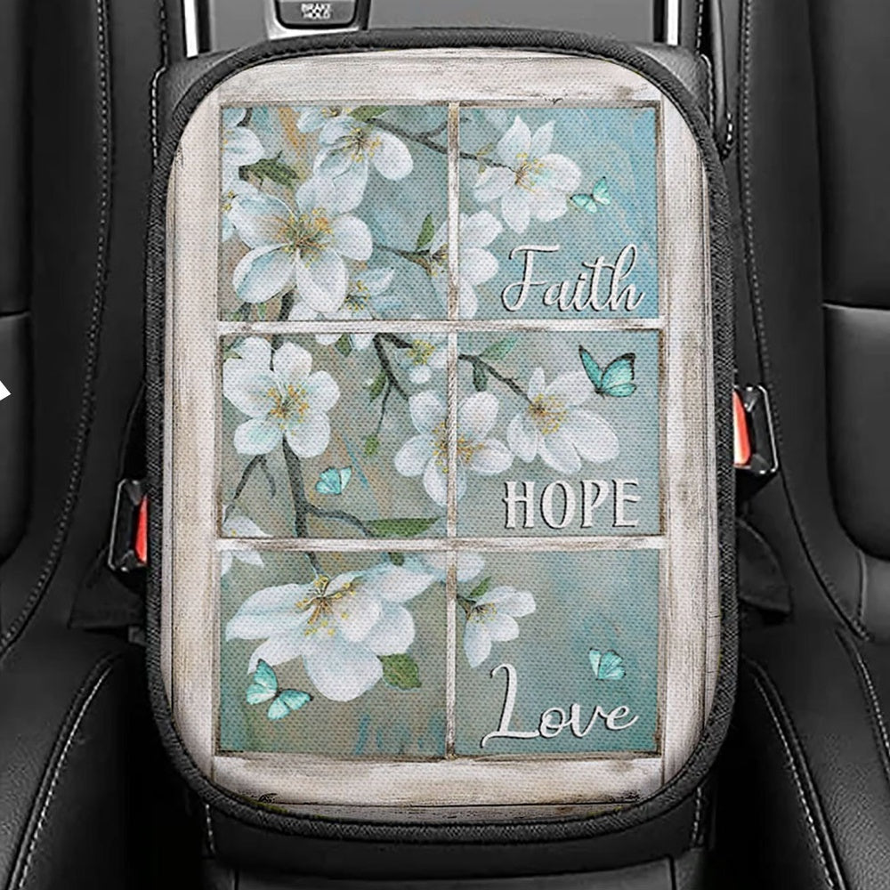 Faith Hope Love Window Flower White Seat Box Cover, Christian Car Center Console Cover, Religious Car Interior Accessories